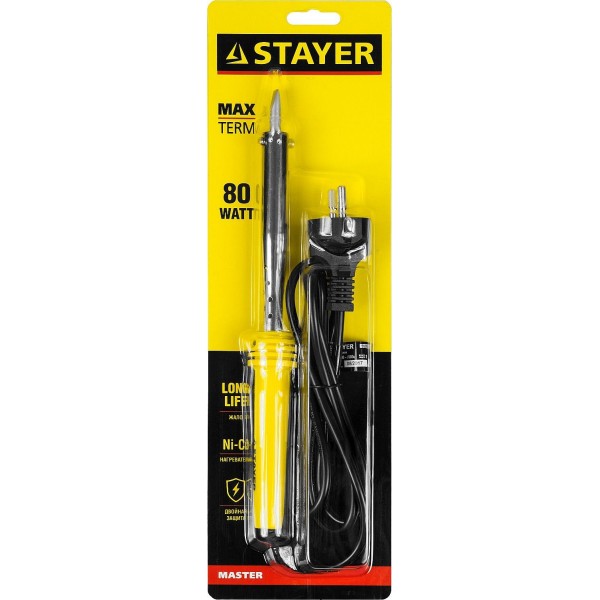 Паяльник STAYER "MASTER" с пластмассовой ручкой и долговечным жалом, 80Вт, клин (55305-80)