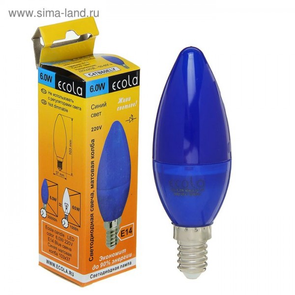 Лампа светодиод. Ecola candle, 6,0 Вт, 220 В, E14, Blue, свеча Синяя,103x37 (2059066)