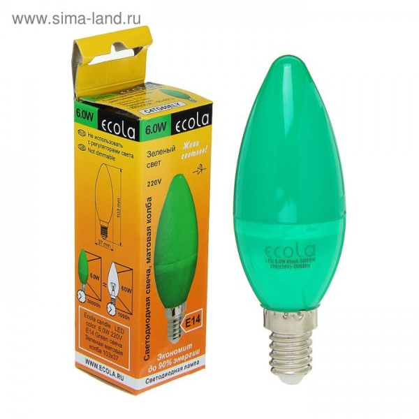 Лампа светодиод. Ecola candle, 6,0 Вт, 220 В, E14, Green, свеча Зеленая, 103x37 (2059067)