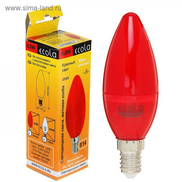 Лампа светодиод. Ecola candle, 6,0 Вт, 220 В, E14, Red, свеча Красная, 103x37 (2059068)